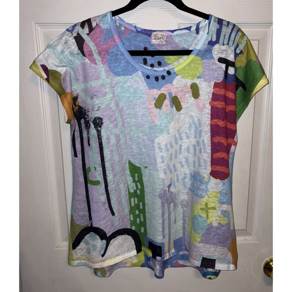 Et' Lois M Artsy Tee Colorful Abstract SS Top Lightweight Knit USA Made A-line